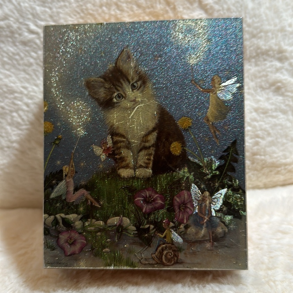 Wooden Handpainted Kitten and Fairies Trinket Box